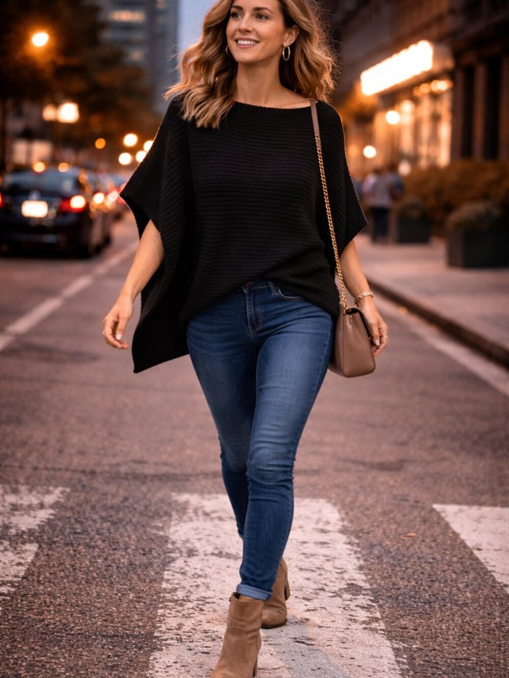 World LOB Ribbed Black Knit Sweater Poncho Top – One Size